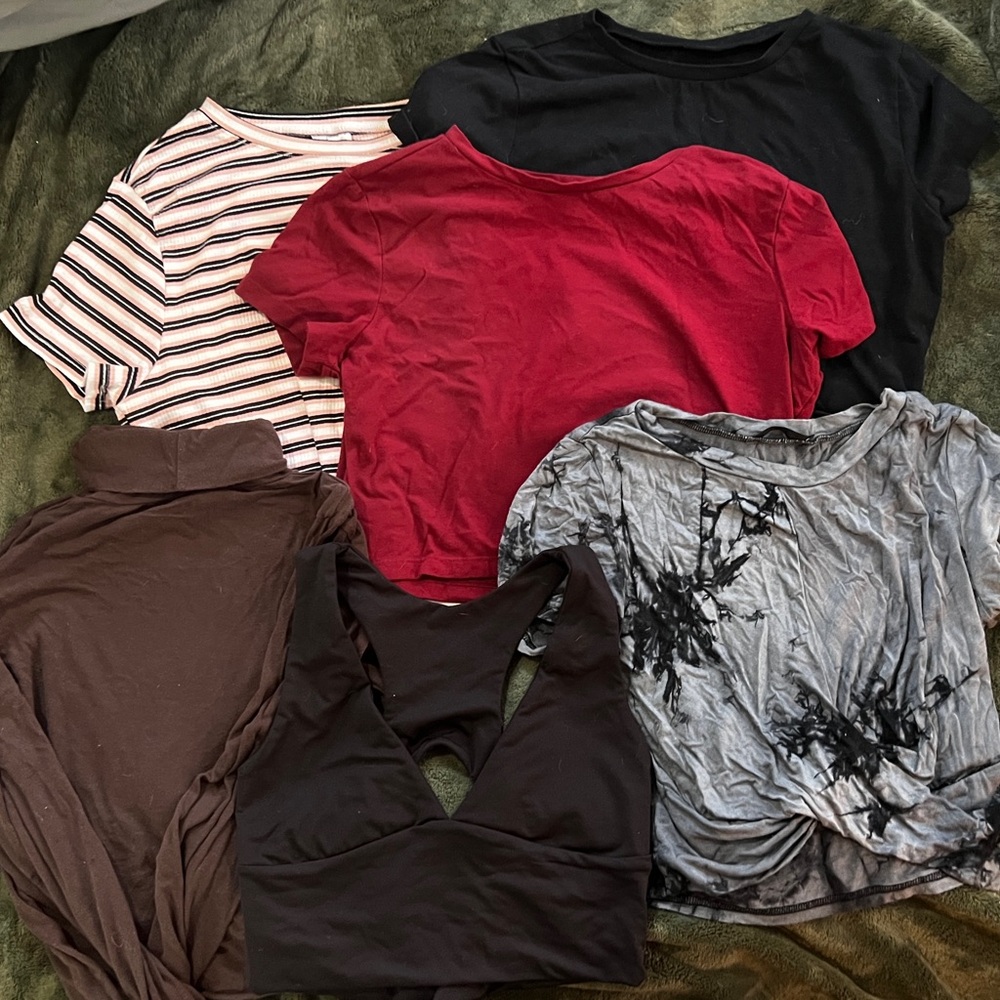 Assorted Women's Cropped Tops - Red, Black, Brown, Striped, Tie-Dye